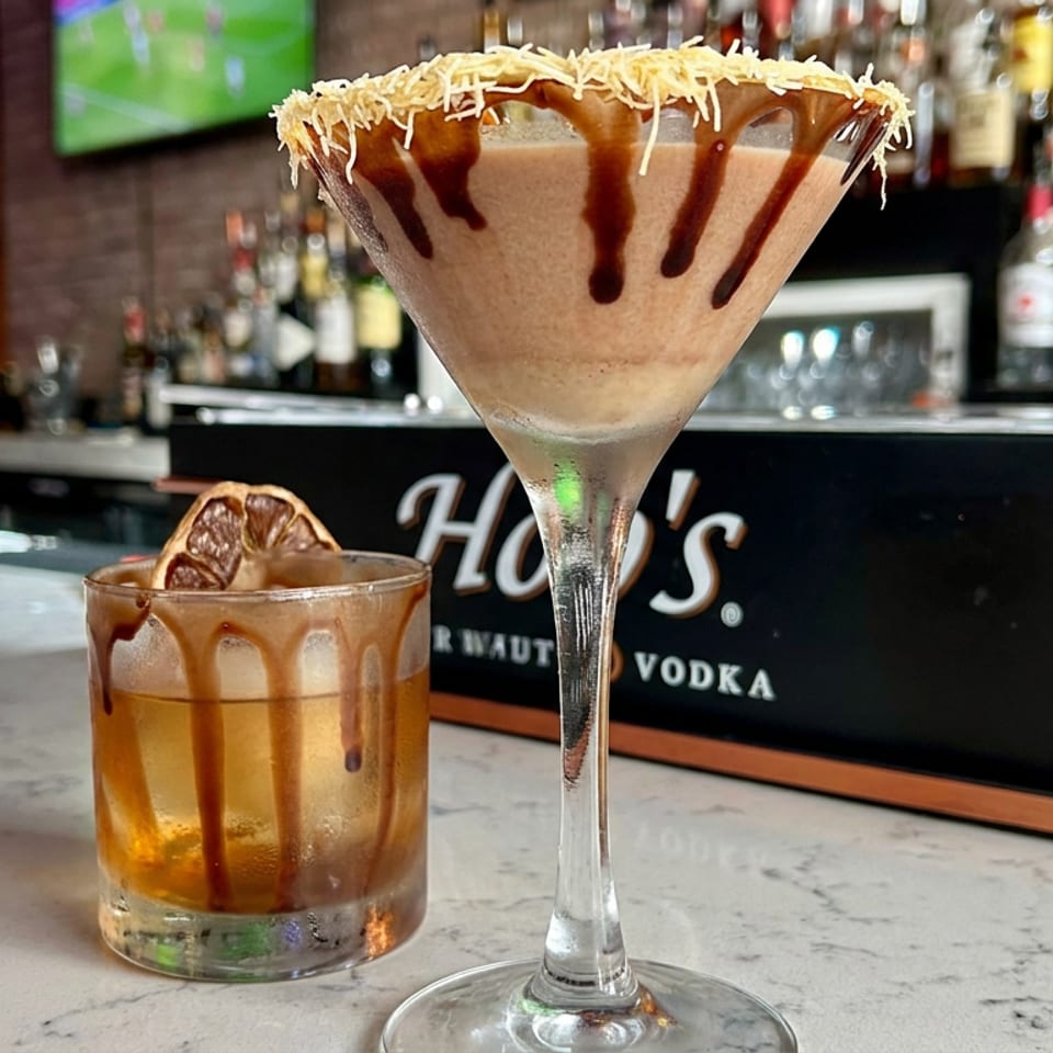 Chocolate cocktails with caramel drizzle, shredded cheese rims, and dried citrus garnish served on a polished bar counter.