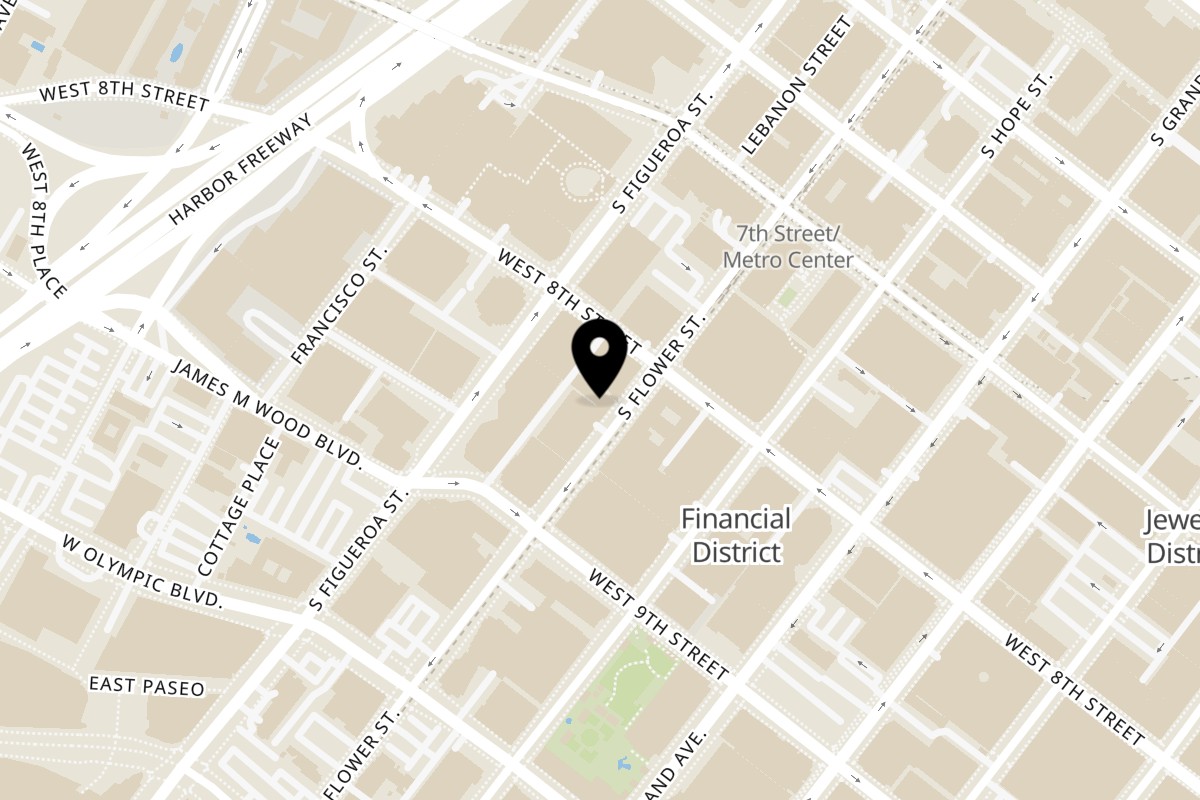 Map showing the location of Café con Ron on 819 Flower St in Los Angeles